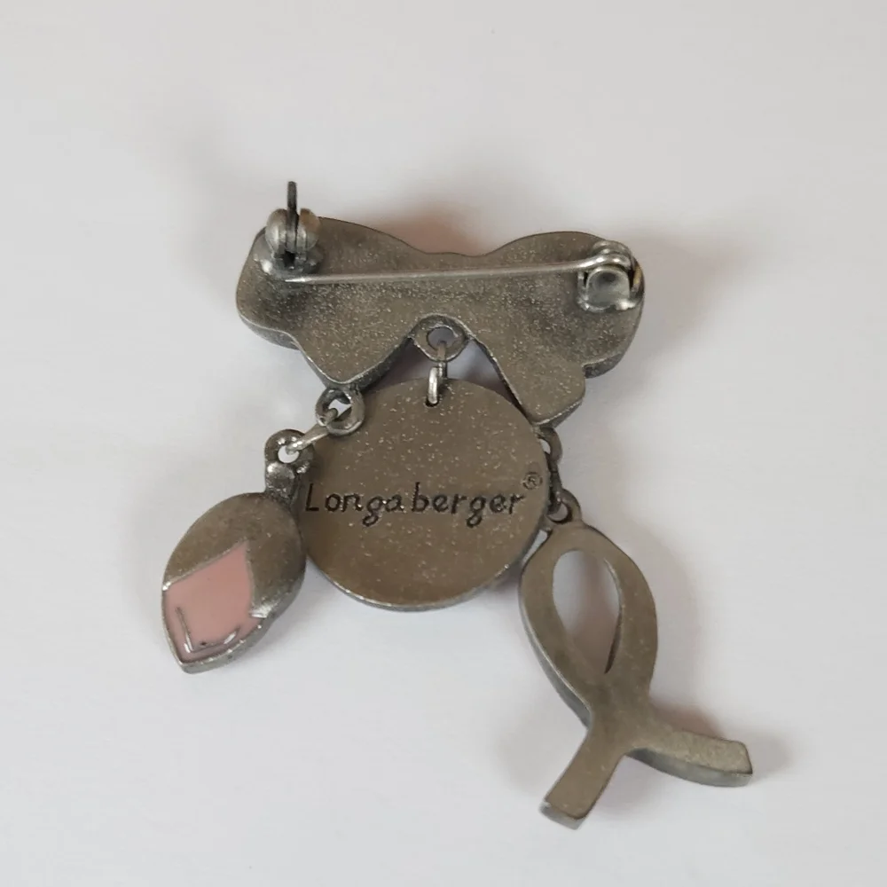 Longaberger Never Give Up Pink Ribbon & Silver Bow Brooch